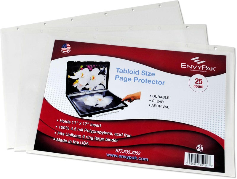 EnvyPak Tabloid Page Protectors, 6 Hole Punched (Large Format), Clear - Side Loading - Holds 11 x 17 Inch Pages - Pack of 25 - Image 1